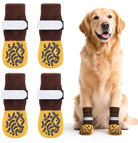 Newthinking 2 Pair Dog Socks Paws Stop Licking, Anti Slip Dogs Socks with Grips and Adjustable Strap, Indoor Dog Shoes for Large Medium Small Dogs Injured Paw Protection (Brown, Small)