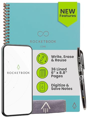 Rocketbook New Core wiederverwendbares Spiralbuch, Executive-Größe, 15,2 x 22,4 cm, Blaugrün – linierte Seiten, App-verbunden, löschbar, robuster Einband, ideal für Schule, Arbeit und kreative | Linierte Seiten für Schularbeiten und kreative Projekte, inklusive Stift und Handtuch