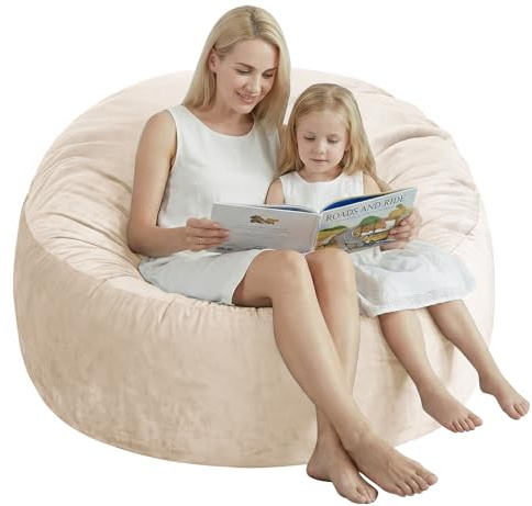 5 Ft Bean Bag Chair, Memory Foam Bean Bag Chairs for Adults with Filling, Round Bean Bag Sofa with Filler Included, Beanbags with Soft Dutch Velvet Fabric,5 Foot, Beige