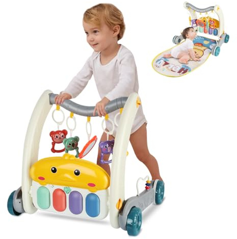 OHMG Baby Spielgerät, 4 in 1 Baby-Lauflernhilfe Aktivitätsmatte mit Play Piano Musikalische Lichter, Einstein Spielmatte Rassel Beißspielzeug Bestes Geschenk für Kleinkinder 0 bis 3 6 9 12 Monate