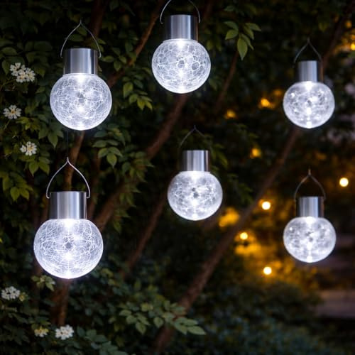 LUMILED 6x Set Solar Kristallglas Hängende LED Garten Glas Pendelleuchte Kugel Dämmerungssensor Risslicht für Party Hochzeit Bar Pavillon Terrasse Zaun Balkon IP44 6500K