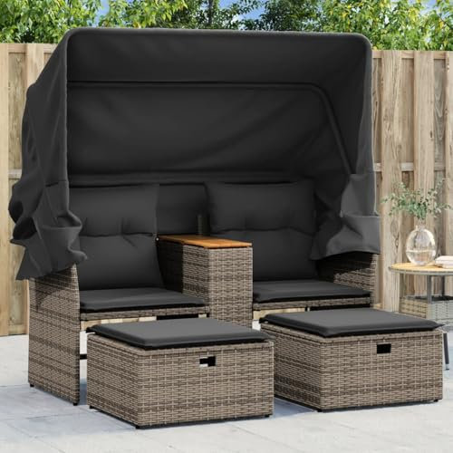 Fasba Gartensofa, Gartenlounge Outdoor, Balkonlounge, Terrassensofa, Loungemöbel Terrasse, Gartenmöbel Set, Sitzgruppe Outdoor, 2-Sitzer mit Dach und Hockern Grau Poly Rattan/Type-365801