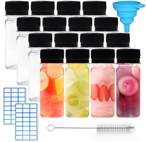 LXBCTOP 16 Piezas Botellitas Pequeñas Para Rellenar, 60ml Botellas de PláStico Reutilizables Para Jugo, Shots Botellitas, Botes PequeñOs de Plastico, Botes Shots Cristal