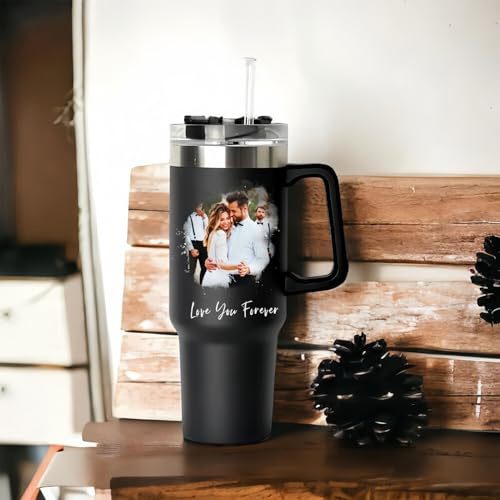 Drawelry Personalisierte Foto Thermobecher mit Henkel Deckel Strohhalm 1.2L Edelstahl Trinkflasche Kaffee Wasser Trink Reise Auto Becher Geburtstag Geschenke für Frauen Männer Paar Liebhaber (B6)