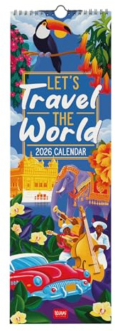 Legami - Calendrier Mural 2026, Let’s Travel The World, Petit Calendrier Mural, 12 Mois et Planificateur Annuel, en Anglais, Espace pour Notes, Signes du Zodiaque, Fêtes Internationales, 16 X 49 Cm