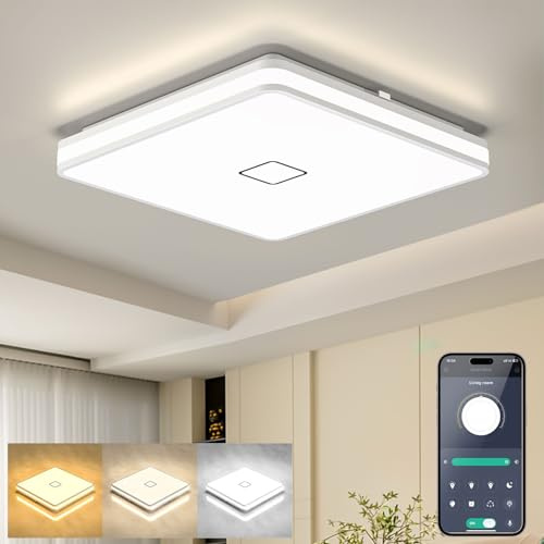Öuesen Deckenlampe LED mit APP Smart Dimmbar, Deckenleuchte Badezimmer 3000K/4000K/5000K, Badlampe 24W Modern Quadratische, Bad deckenLampe Wasserdicht IP44, Badezimmerlampe, für Wohnzimmer 32.5CM