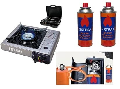 EXTRA+ Cocina Portátil Dual de Gas Butano con Maletín, Kit Completo con 2 Cartuchos B-250