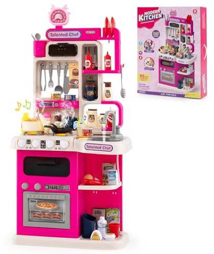 GOPLUS Cocina de Juguete para Niños, Cocinita Infantil con Fogones, Frigorífico, Microondas, Fregadero, Grifo, Vapor, Sonido y Luz, Juego de rol con 54 Accesorios para Niños de 3+ Años (Rosa)
