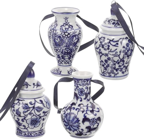 Housoutil Vasi in Porcellana Artistica da Appendere in Ceramica Blu e Bianca Set di 4 Ciondoli Stile Unico e Materiale Ceramico per Decorazione Casa e Giardino