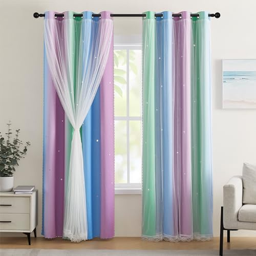 XiDi Schmal Sternenperforation Verdunkelung Thermo | Grün-Blau-Lila 86x160cm für Kleinfenster mit Lichtspiel & Doppelstoff Gre/Blu/Pur/86/160/2