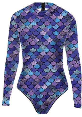 Fisch Kostüm, Meerjungfrau Kostüm Damen Oberteil Langarm Mermaid Badeanzug Meerjungfrauen Body mit Glanz Fischschuppen Print Schwimmanzug Sexy Jumpsuit Faschingskostüme Erwachsene Einteiler, Blau, M