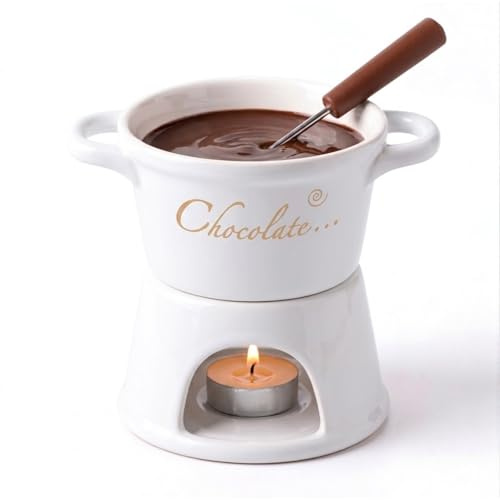 TopHomer Ceramic Chocolate Fondue Set,300ml Chocolate Melting Cup with Fork, Cheese Warmer Cup with Candle,Butter Fondue Heated,Gift for Date Night Birthday Wedding (White,no Candles)