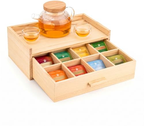 SUNNYNEST Wooden Tea Bag Storage Box with Drawer, Pine Wood Tea Bag Storage Rack with 8 Compartments, Tea Box Storage Rack for Countertop, Tea Organiser & Tea Set Display Cabinet