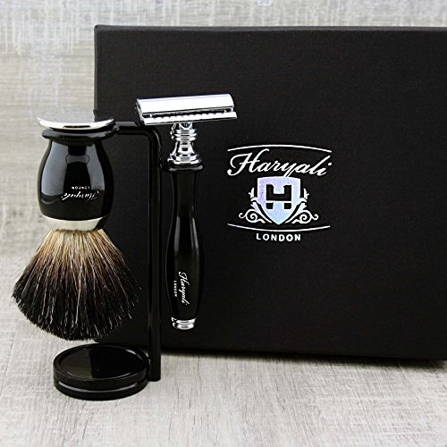 Classic Old-School - Set da barba da uomo, pennello di tasso puro nero, DE Safety (lame non incluse) e doppio supporto, regalo per lui