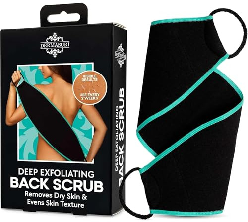 Dermasuri Deep Exfoliating Back Scrubber - Body Exfoliator Scrub - Exfoliating Shower Towel - Dual-Texture Shower Scrubber for Men and Women, Reusable Back Scrub Bath Accessory, 27 Long, 8 Wide