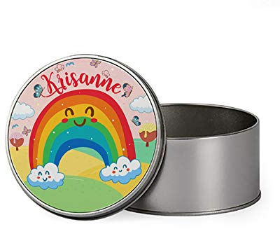 Giftme Personalised Butterfly with Rainbow Cloud Art Portable Metal Tin Storage Box (Round, 18.4 x 11.4 x 5.5 cm)