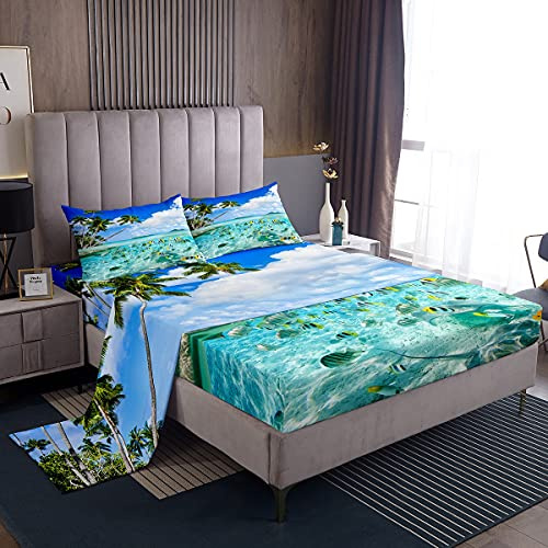 Set di lenzuola da spiaggia per letto king size, donne, ragazze, tropicali, oceano tropicale, set di biancheria da letto con animali marini hawaiani, per le vacanze, estive, con 2 federe, blu