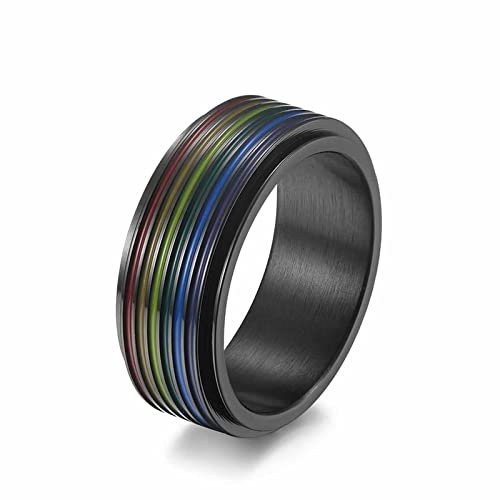 BCughia Anxiety Ring Spin, Ringe Schwarz Klein Edelstahl Regenbogenfahne Anxiety Pärchrn Ringe Engagement Geschenk für Männer Größe 60(19.1)