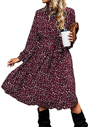 CUPSHE Women Midi Dress A-Line Flowy Swing Lights Speckled Print Long Sleeve High Neck Ruffle Fall Casual Party Cocktail Dress