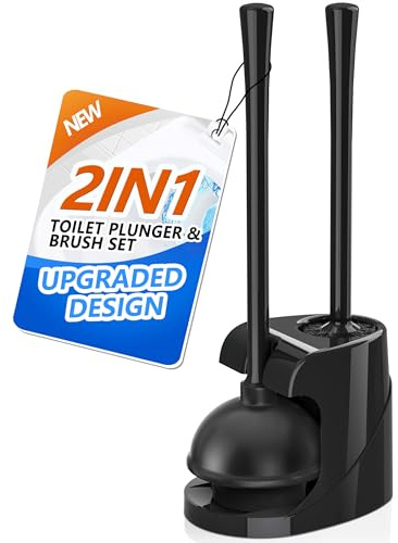 Toilet Plunger and Brush, Bowl Brush and Heavy Duty Toilet Plunger Set with Ventilated Holder, 2-in-1 Bathroom Cleaning Combo with Modern Caddy Stand (Black)
