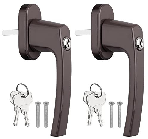 AUTOUTLET Lockable Window Handles, Pack of 2 Window Handles, Lockable Aluminium in Pin Length 35 mm, Window Lock Balcony Door Handle, Child Lock with Keys and Screws for Windows (Brown)
