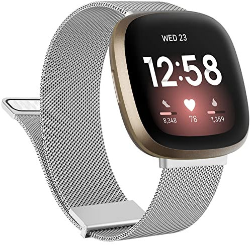 Tobfit für Fitbit Versa 4/3/Sense 2/3 Armband - Edelstahl Handgelenk Metall Ersatz Armband für Herren Damen (Silber)