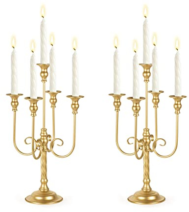 19.7in Gold Candelabra Centerpieces for Tables, 2Pcs Metal Tall Candle Holder for Taper Candles, 5 Arm Candlestick Holder for Wedding Centerpiece Decor Party Event Reception Decoration