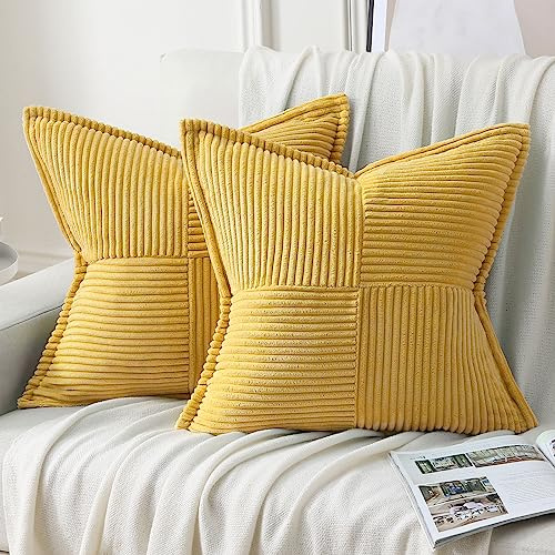 HAUSSY Senfgelbe Kissenbezüge, 35,6 x 35,6 cm, 2er-Set, weicher massiver Kordsamt, gestreift/breiter Rand, quadratisch, dekorativer Kissenbezug, Winterdekoration für Couch, Bett