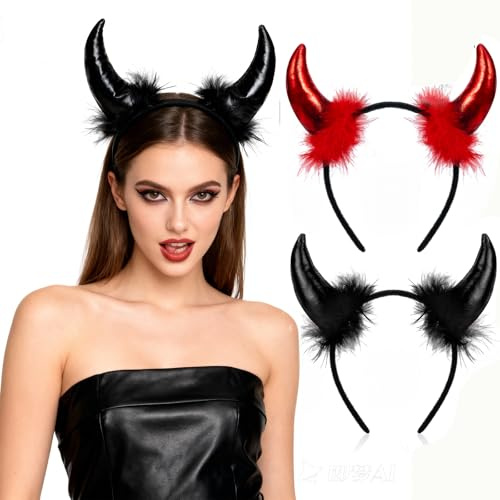 Hifot 2 Pezzi Corna da Diavolo Cerchietto Diavolo Corna Diavolo Rosse e Nero Accessori Halloween,Cerchietto Halloween Carnevale Donna