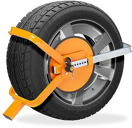 Relaxdays Ganascia per Ruote da 13-15 Pollici, Ceppo per Pneumatico Automobile, Camper, Caravan, Bloccaruota, Arancione