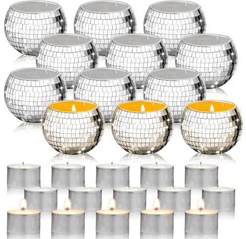 Maxcheck 24 Pcs/12 Sets Disco Ball Candle Holders Bulk Wedding Decoration Disco Ball Centerpieces Includes Votive Mosaic Glass Tea Light Holders and Tea Light Candles for Activity Party