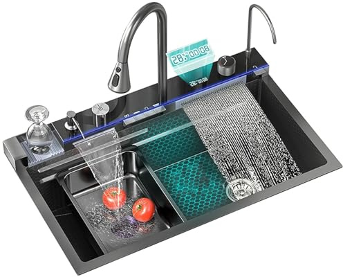 Lavandino da cucina di lusso, cascata di pioggia volante, con display digitale, lavandino singolo, grande singolo, lavastoviglie, cucina, sirena, lavello per pianoforte