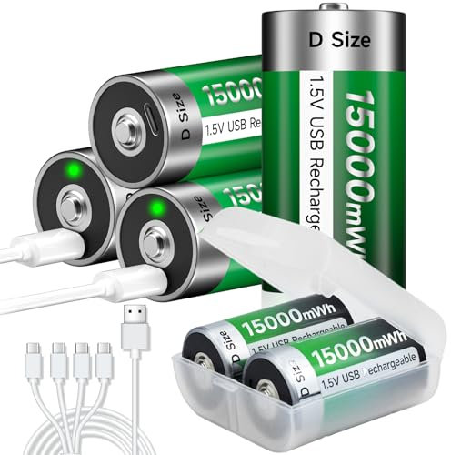 Batterie USB D Ricaricabili al Litio/15000 mWh – Batterie Ricaricabili a Celle D da 1,5 V, Ricarica Rapida in 4 ore, con cavo di ricarica di tipo C, protezione da sovraccarico (6Pcs)