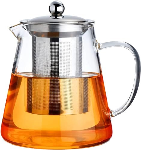 PARACITY Glass Teapot Stovetop 44OZ/1300ml, Borosilicate Clear Tea Kettle with Removable 18/8 Stainless Steel Infuser, Teapot Blooming and Loose Leaf Tea Maker Tea Brewer for Camping, Travel