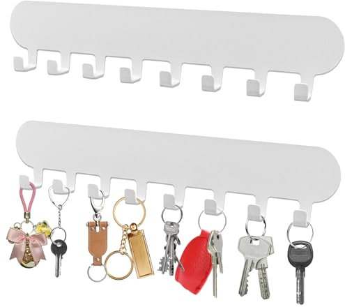 AIVORO 2 Stück Schlüsselbrett mit 8 Haken, Schlüsselbrett Ohne Bohren, Schlüsselaufbewahrung an Der Wand, Key Holder, Hakenleiste Selbstklebend, Schlüsselhalter für Wandhaken Dekor (Weiss)