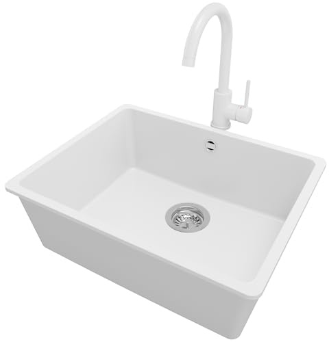 PRIMAGRAN Fregadero bajo Encimera al Mueble 60cm + Grifo, 56x44cm | Set: Grifo BW5010 + Kit de desagüe (sifón, válvula, rebosadero) + Venecia Easy 1 Seno Granito, Blanco