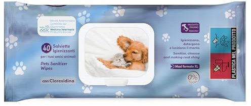 cubex professional | 5 x 40 extra große Chlorhexidin-Wischtücher für Hunde, Katzen und Haustiere, reinigen und polieren das Fell, gegen unangenehme Gerüche, 0% Alkohol, 100% Made in Italy