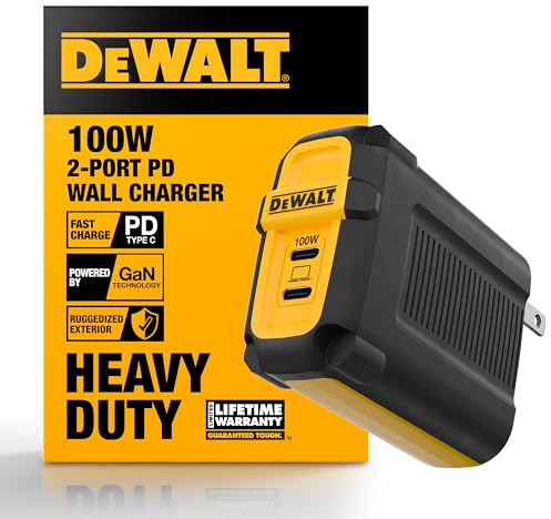 Dewalt Heavy Duty 100W Usb C Charger Block(Gan), 2 Port 100 Watt Fast Compact Wall Charger For Macbook Pro, Macbook Air, Google Pixelbook, Thinkpad, Dell Xps, Ipad Pro, Galaxy S22/S20, Iphone 16/15/14