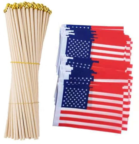 Rockreyoa American American USA Drapeau Petit US Handheld Mini Drapeau Main Drapeaux pour Événements Sportifs, Fête du Souvenir et Célébrations Nationales 20 x 28 cm Mât en Bambou 50 Pièces