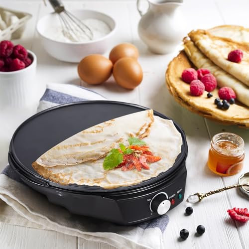 Crêpière électrique, Crêpière Antiadhésive de 12 Pouces, Plaque Chauffante en Aluminium avec Voyants LED, Contrôle de la Température Réglable, Poêle à Crêpes pour Crêpes Roti,