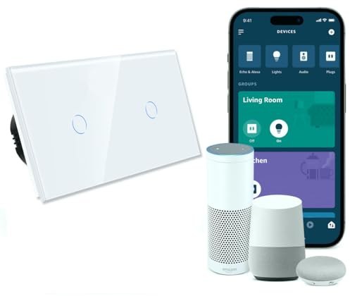 PULSAR Lichtschalter Smart Doppelt 2 Fach Unterputz Weiß - Touch-Glaspanel, Alexa & Google Home, Tuya/Smart Life - Wlan Schalter Doppellichtschalter