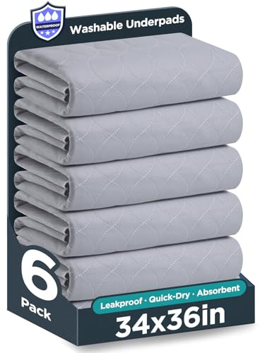 Washable Bed Pads 34 x 36 - 6 Pack, Grey, Waterproof Bed Pads for Incontinence, Bed Wetting Pads for Bed, Sofa, Floor, Resuable Underpads for Adults, Seniors, Pet
