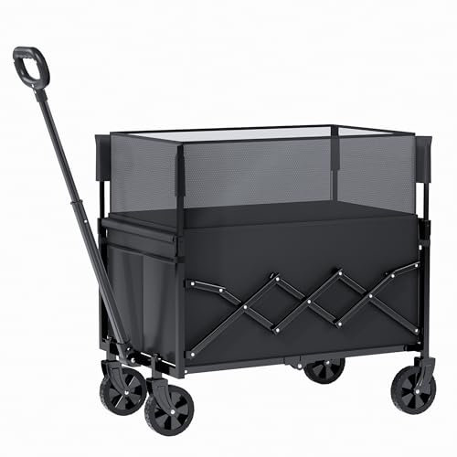Carrello Pieghevole Resistente con ruote, Carrello Fuoristrada per giardinaggio, campeggio, shopping, spiaggia e sport all'aperto, Nero, Capacità Massima 120 litri e 100 kg.