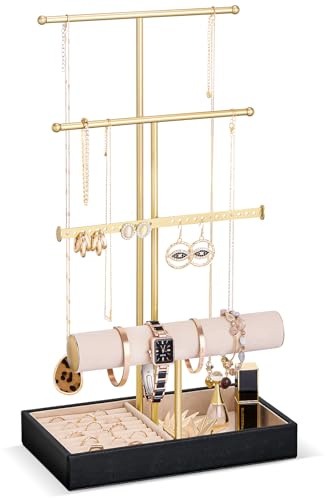 Lolalet Jewelry Holder Tree with Velvet Tray, 4 Tiers Necklace Display Stand Rack with Ring Slots Organizer for Earrings Bracelets Bangles Ring, Valentine's Day Gift -Black