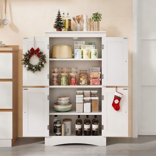 Gizoon 43 Bathroom Storage Unit with Adjustable Shelves, Floor Cabinet with 4 Magnetic Doors, Pantry Cabinet for Kitchen, Living Room, White