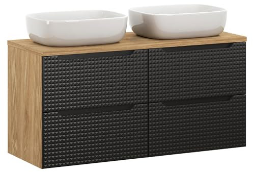 Lomadox Doppelwaschtisch 120 cm in Eiche mit schwarz, Keramik-Aufsatzwaschbecken, grifflose 3D-Front, 4 Softclose-Auszüge