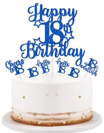 bng-bng 18th Birthday Cake Topper, Blue Glittery Happy 18th Birthday Cake Cupcake Toppers For Boys Girls 18 Eighteen Years Old Birthday Party Supplies Decorations