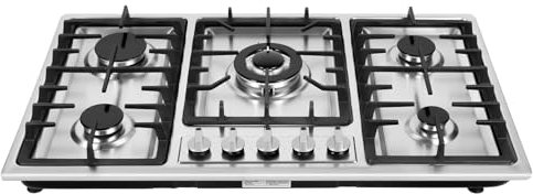 Fornello a gas, 86 x 51 x 8 cm, piano cottura a gas, in acciaio inox, a 5 luci, fornello a gas da incasso, per casa, in acciaio inox, fornello a gas per propano e gas naturale