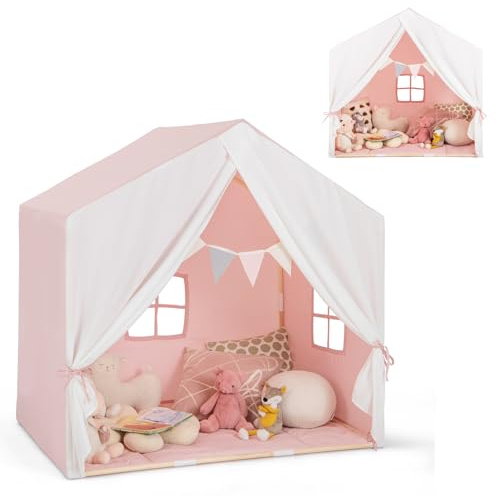 HOMASIS Kinderzelt Indoor, Spielzelt mit Matte, Vorhang, Flaggen, Spielhaus aus Holzrahmen, Bettzelt Prinzessin Zelt für Mädchen & Jungen ab 3 Jahren, Kinderspielhaus für Kinderzimmer (Rosa) | Prinzessinnenzelt für Kinder in Holzstruktur, für 3 Jahre, Rosa