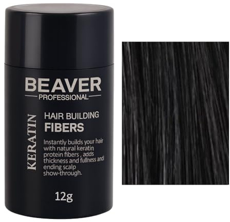 Beaver Hair Building Fibers – Instantly Conceal Thinning Hair & Bald Spots – Natural Keratin Hair Thickening Powder for Men & Women (12g - Black)